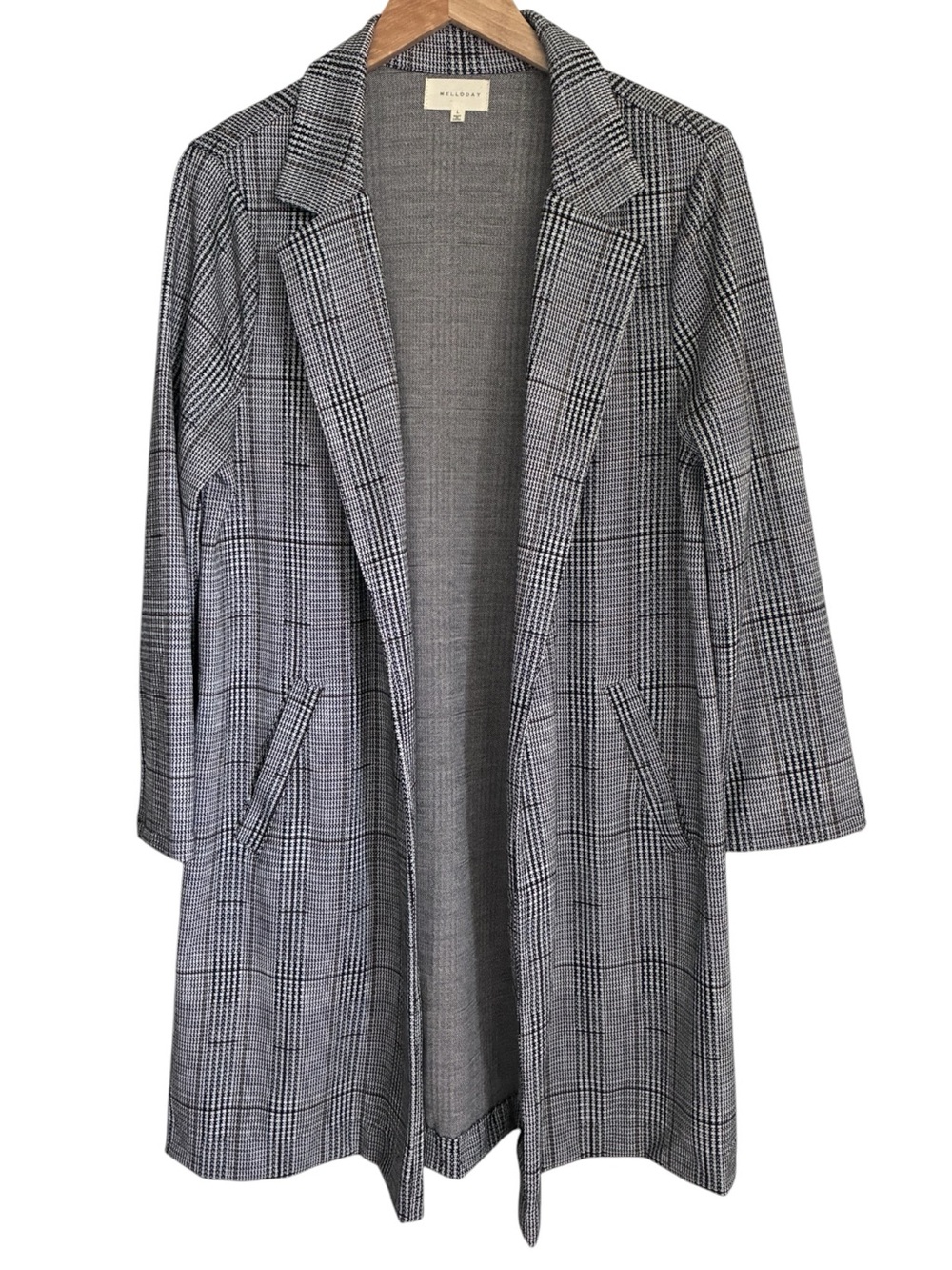 MELLODAY Black Gray Houndstooth Preppy Plaid Open-Front Blazer Duster Sz L